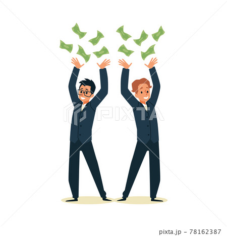 Rich wealthy happy millionaires drop money flat vector illustration isolated. Rich wealthy happy millionaires drop money flat vector illustration isolated. 78162387