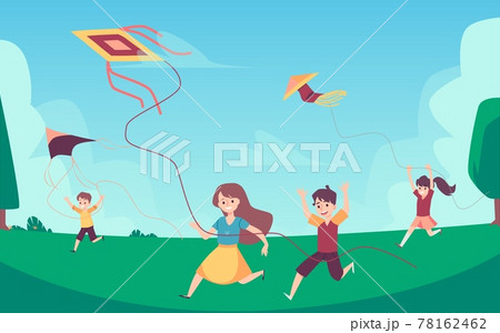 Summer background with happy kids flying kites, flat vector illustration. 78162462
