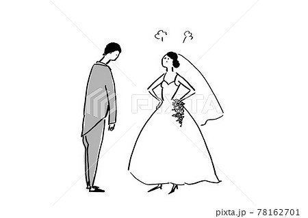 怒る 不満げな花嫁とうなだれる新郎 ウエディング 結婚式 白黒 のイラスト素材