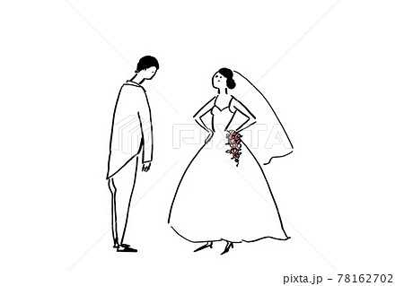 怒る、不満げな花嫁とうなだれる新郎、ウエディング、結婚式（ブーケ色付き） 78162702