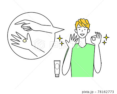 スキンケア アルコール消毒による手の肌荒れが治り喜んでいる可愛い男性 イラスト シンプル ベクター 78162773