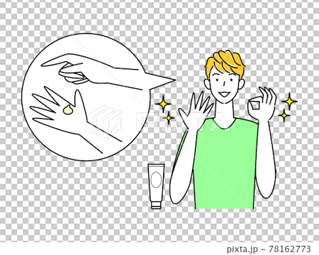 スキンケア アルコール消毒による手の肌荒れが治り喜んでいる可愛い男性 イラスト シンプル ベクター 78162773