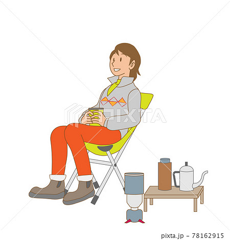 キャンプチェアに座る日本人女性のイラスト素材