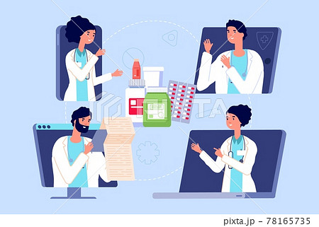 Doctors video call. Online doctor conference about medications. Medical staff in gadgets and drugs. Telemedicine, healthcare web meeting vector concept Doctors video call. Online doctor conference about medications. Medical staff in gadgets and drugs. Telemedicine, healthcare web meeting vector concept 78165735
