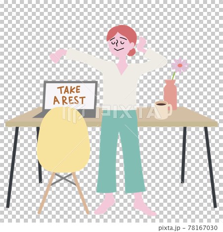 Illustration of a woman who stretches and takes a breather while working from home 78167030