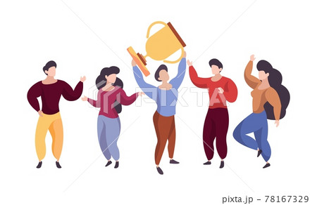 Winner team. Business people with gold trophy, happy office employees. Congratulates with award vector concept Winner team. Business people with gold trophy, happy office employees. Congratulates with award vector concept 78167329
