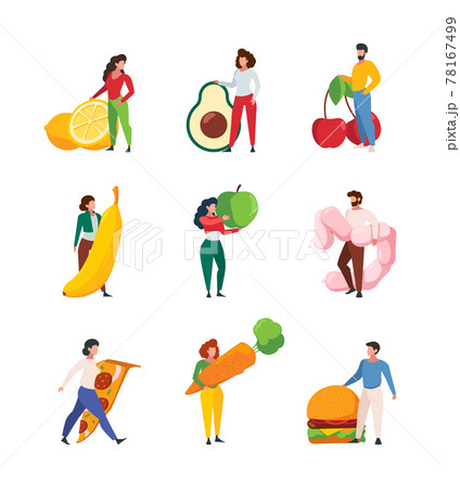 People holding food. Characters with products fruits and vegetables meat junk fastfood garish vector set People holding food. Characters with products fruits and vegetables meat junk fastfood garish vector set 78167499
