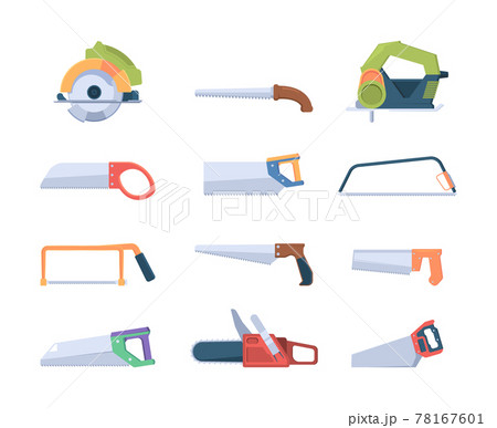 Steel saws. Handle blades and saws for sawmills production garish vector illustrations isolated 78167601
