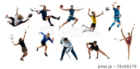 Sport collage. Athletics, tennis, golf and basketball player standing isolated over white studio background. 78168179