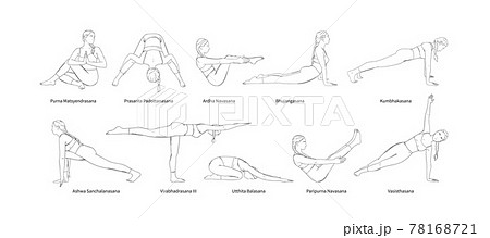 Yoga set with sanscrit asana names. Yogi woman full body workout including core muscles, legs and arms. Sketch vector illustration 78168721