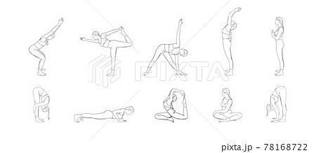 Hatha yoga poses set. Yogi woman in different asanas. Vector illustration 78168722