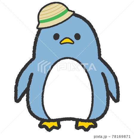シンプル手描き風麦わら帽子のペンギンブルーのイラスト素材