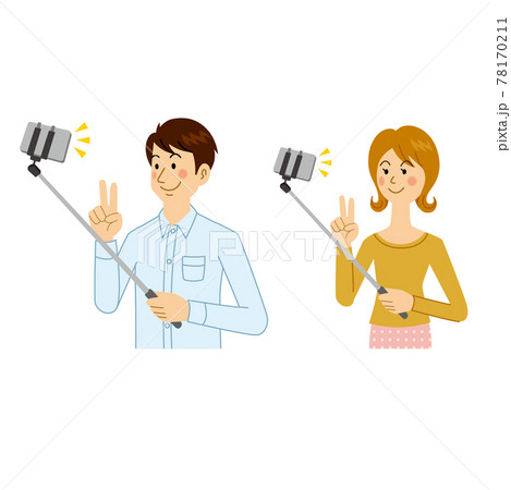 自撮り棒で撮影する男女のイラスト素材