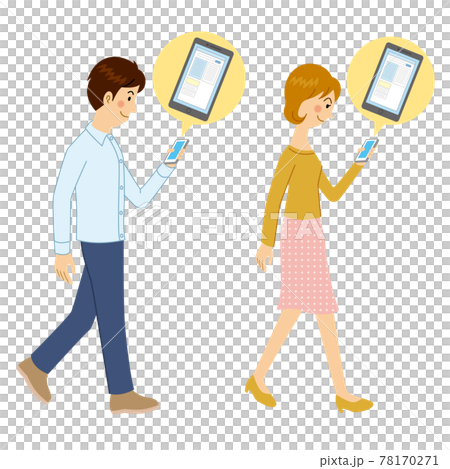 男人和女人邊走邊看智能手機 男人和女人邊走邊看智能手機 78170271