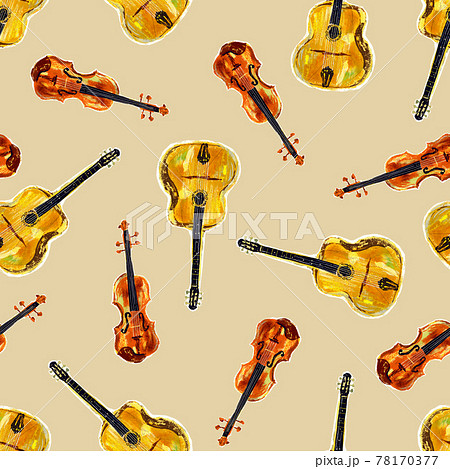 手描きのギターとバイオリンの柄 のイラスト素材