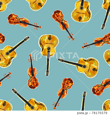 手描きのギターとバイオリンの柄 のイラスト素材