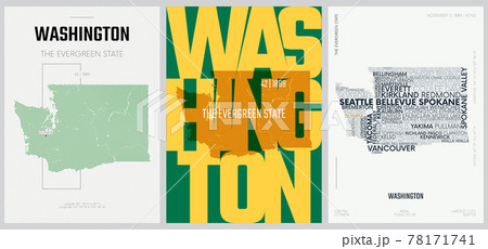 42 of 50 sets, US State Posters with name and Information in 3 Design Styles, Detailed vector art print Washington map 78171741