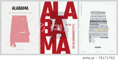 22 of 50 sets, US State Posters with name and Information in 3 Design Styles, Detailed vector art print Alabama map 78171762