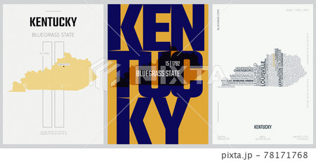 15 of 50 sets, US State Posters with name and Information in 3 Design Styles, Detailed vector art print Kentucky map 78171768