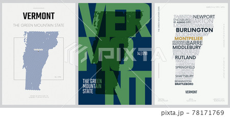 14 of 50 sets, US State Posters with name and Information in 3 Design Styles, Detailed vector art print Vermont map 78171769