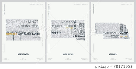 Typography composition of city names, silhouettes maps of the states of America, vector detailed posters, Division West North Central - North Dakota, South Dakota, Nebraska - set 7 of 17 78171953