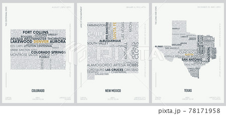 Typography composition of city names, silhouettes maps of the states of America, vector detailed posters, Division Mountain and West South Central - Colorado, New Mexico, Texas - set 13 of 17 Typography composition of city names, silhouettes maps of the states of America, vector detailed posters, Division Mountain and West South Central - Colorado, New Mexico, Texas - set 13 of 17 78171958