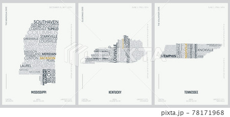 Typography composition of city names, silhouettes maps of the states of America, vector detailed posters, Division East South Central - Mississippi, Kentucky, Tennessee - set 11 of 17 78171968