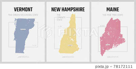 Vector posters detailed silhouettes maps of the states of America with abstract linear pattern, Division New England - Vermont, New Hampshire, Maine - set 1 of 17 78172111