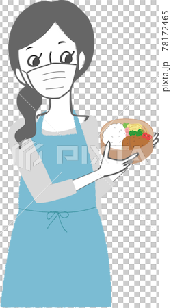 一個穿著圍裙、戴著口罩和午餐盒的女人。 78172465