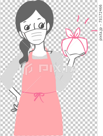 一個穿著圍裙、戴著口罩和午餐盒的女人。 78172466