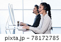 Group of professional call center employees Talking to customers with headsets. Friendly operator or helpdesk agent are assisting remote customers and consulting client by remortly. Soft Focus. 78172785