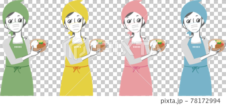 A woman in an apron wearing a mask holding a lunch box. A woman in an apron wearing a mask holding a lunch box. 78172994