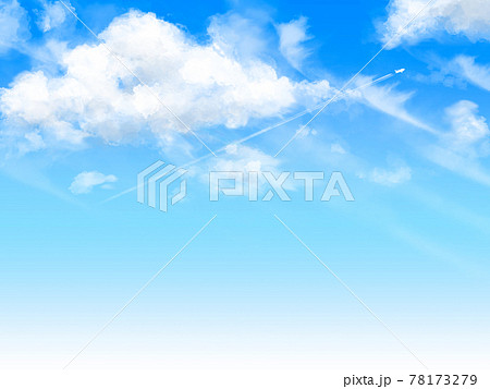 手書き風夏の青空と雲と飛行機雲のイラスト素材