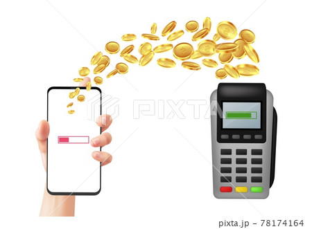 Mobile payment. Online banking. Person transfer money using bank acquiring. Realistic flight of gold coins between smartphone and wireless pay terminal. Vector financial transactions 78174164