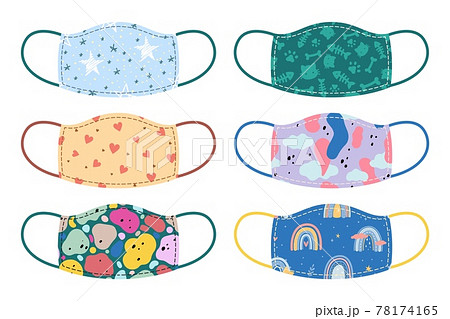 Medical mask. Cartoon respirators with kids prints. Isolated fashionable medical face accessories set. Coronavirus pandemic prevention. Quarantine safety. Vector protective clothes Medical mask. Cartoon respirators with kids prints. Isolated fashionable medical face accessories set. Coronavirus pandemic prevention. Quarantine safety. Vector protective clothes 78174165