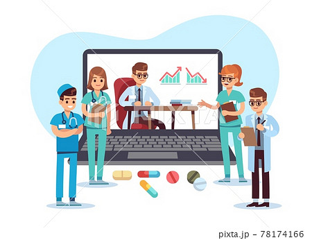 Medical conference video call. Remote online communication with doctors. Web consultation for patients. Hospital workers virtual interaction. Internet teleconference. Vector medicine 78174166