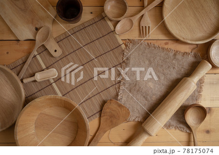 Wooden kitchenware on Natural pattern wood background. 78175074