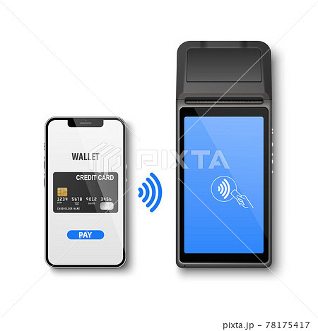 Vector Realistic 3d Payment Wi-Fi Machine, Smarthone. POS Terminal, Phone, Credit Card Isolated on White. Design Template of Bank Payment Terminal, Telephone, Mockup. Payments Device. Top View Vector Realistic 3d Payment Wi-Fi Machine, Smarthone. POS Terminal, Phone, Credit Card Isolated on White. Design Template of Bank Payment Terminal, Telephone, Mockup. Payments Device. Top View 78175417