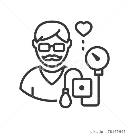 Senior man measuring blood pressure - line design single isolated icon 78175945