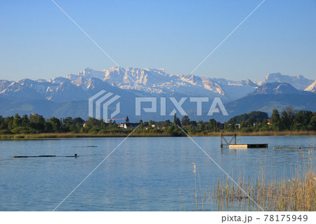 Distant view of Wetzikon and snow capped mountain ranges in Switzerland. 78175949