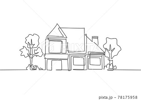 Single one line drawing of eco friendly house construction building. Home architectural property isolated doodle minimal concept. Trendy continuous line draw design graphic vector illustration 78175958