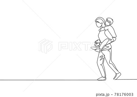 One continuous line drawing of young mother walking while carrying her sleepy tired son on back go to the bed room. Happy family parenthood concept. Dynamic single line draw design vector illustration 78176003