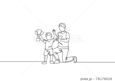 One continuous line drawing young dad congratulate his son who win first place trophy at study competition. Happy family parenthood concept. Dynamic single line draw graphic design vector illustration 78176026