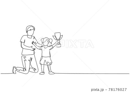 One single line drawing of young father congratulate his daughter who win first place trophy at study competition vector illustration. Happy family bonding concept. Modern continuous line draw design 78176027