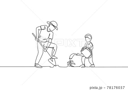 Single continuous line drawing young dad digging ground using shovel and son watering a plant at home garden . Happy family parenthood concept. Trendy one line graphic draw design vector illustration 78176037