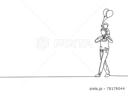 One single line drawing of little boy who hold a balloon siting on father's shoulder at night carnival funfair vector illustration. Happy parenting learning concept. Modern continuous line draw design One single line drawing of little boy who hold a balloon siting on father's shoulder at night carnival funfair vector illustration. Happy parenting learning concept. Modern continuous line draw design 78176044