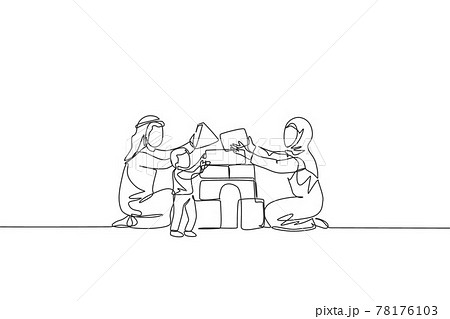 Single continuous line drawing of young Arabian couple playing brick foam puzzle house with their son. Islamic muslim family care, parenthood concept. Trendy one line draw design vector illustration 78176103