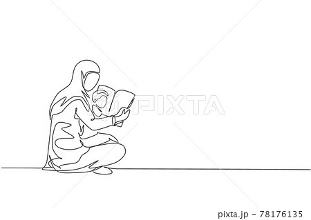 One Single Line Drawing Of Young Arabian Mother のイラスト素材