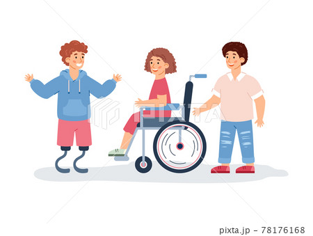 Special needs disabled children and friends, flat vector illustration isolated. Special needs disabled children and friends, flat vector illustration isolated. 78176168