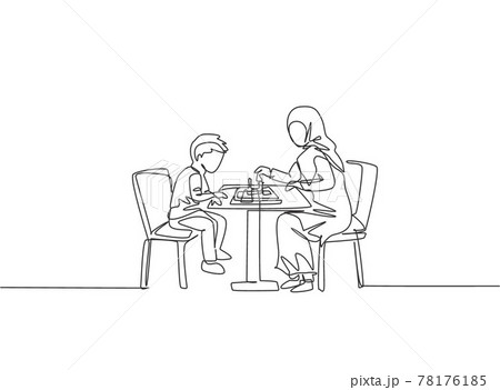 One single line drawing of young Arabian mother teach her son to play chess seriously at home vector illustration. Happy Islamic muslim family parenting concept. Modern continuous line draw design 78176185